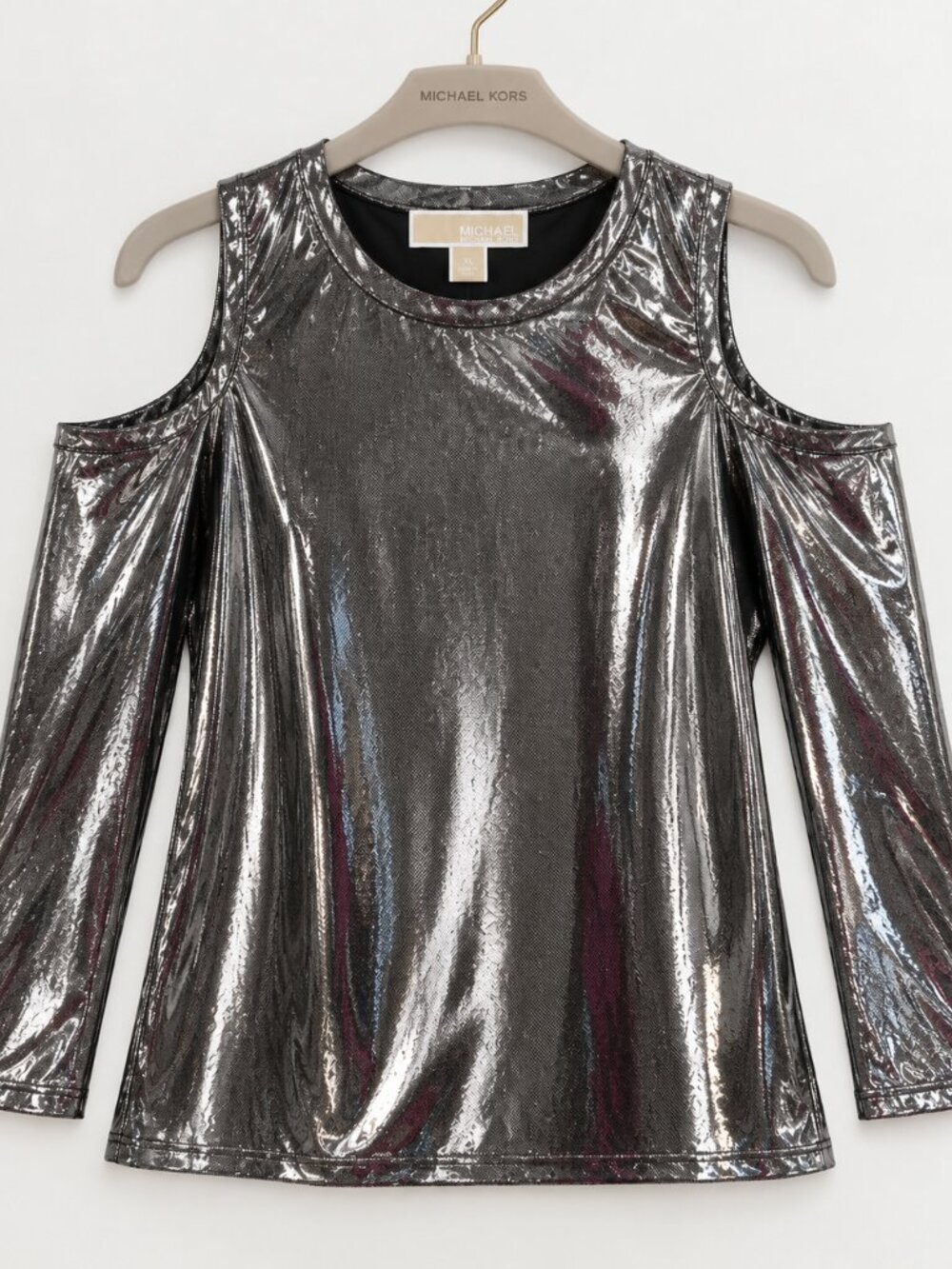 Michael Kors Womens XL Silver Metallic Cold Shoulder Long Sleeve Top NWT